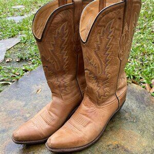 Old West Cowboy Boots Women Leather Brown Tan Size 10 Jama LF1529 Western Snip